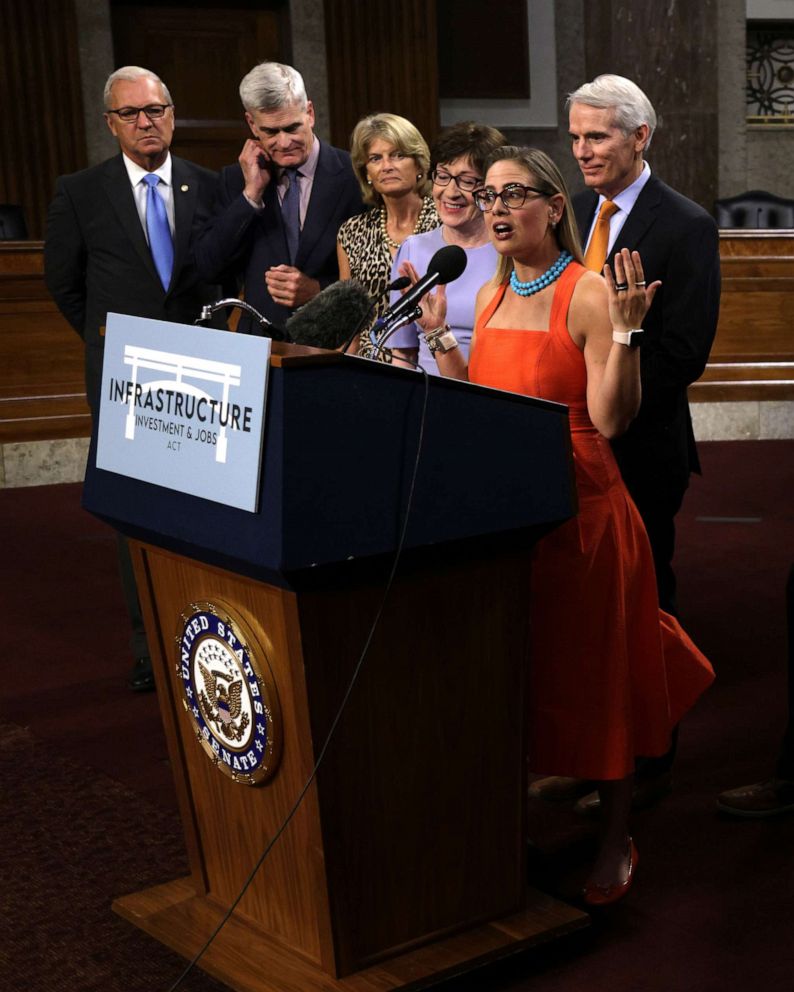 PHOTO: A news conference after a procedural vote for the bipartisan infrastructure framework at Dirksen Senate Office Building July 28, 2021 on Capitol Hill in Washington, D.C.