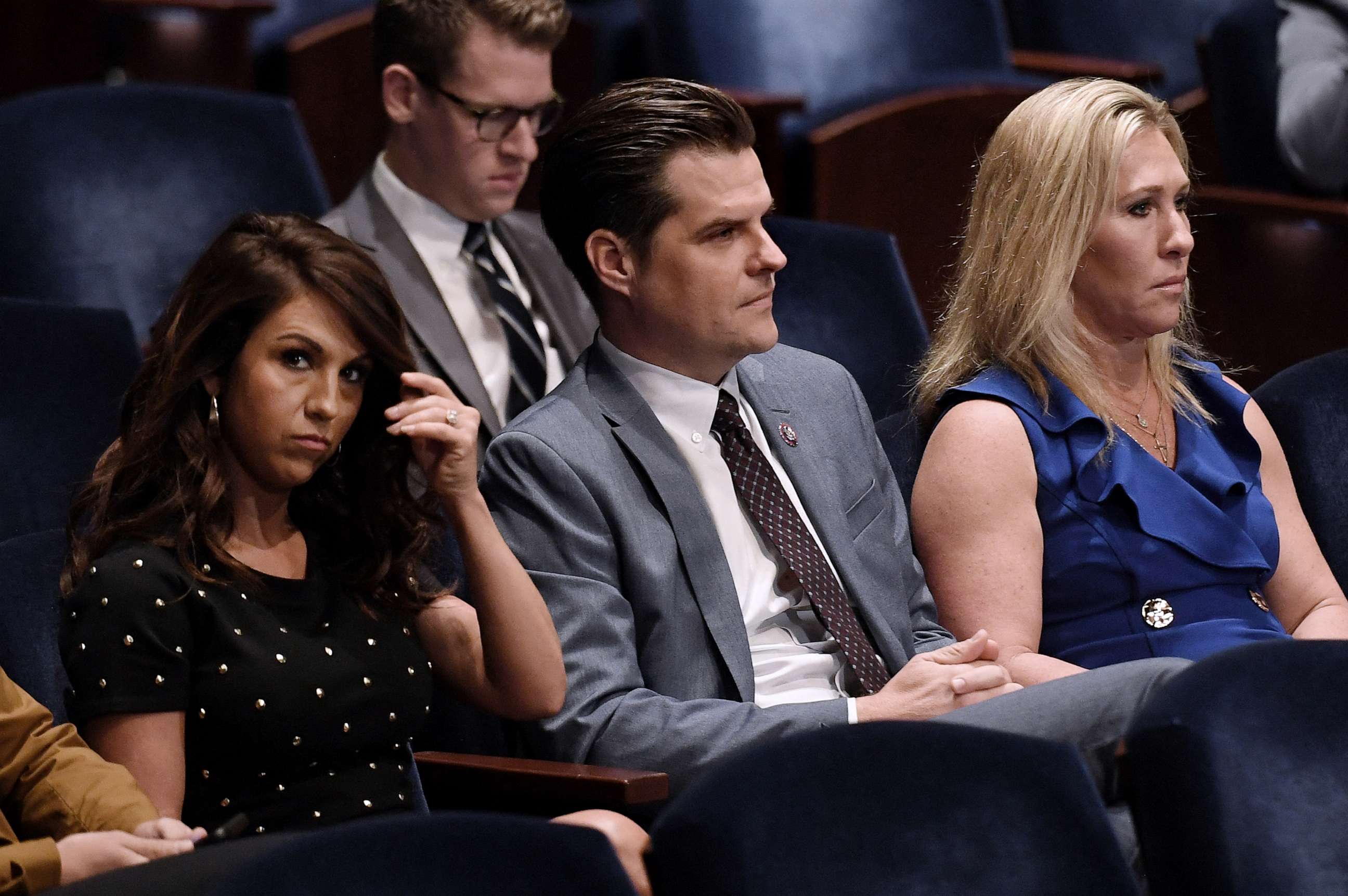 PHOTO: In this Oct. 21, 2021 file photo Lauren Boebert, Matt Gaetz and Marjorie Taylor Greene listen to US Attorney General Merrick Garland as he testifies on Capitol Hill in Washington, D.C.