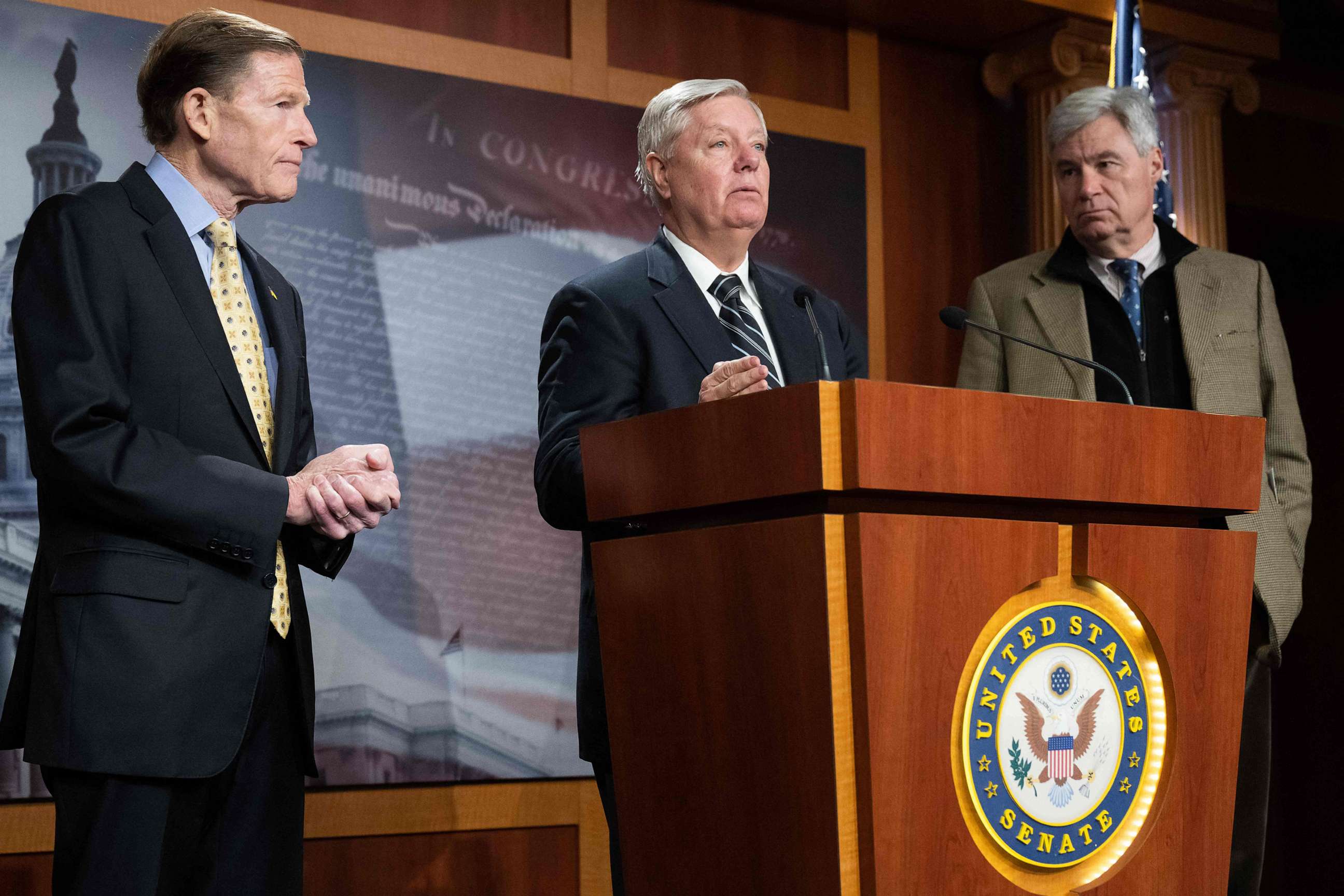 PHOTO: Senator Richard Blumenthal, Senator Lindsey Graham and Senator Sheldon Whitehouse speak at the Capitol in Washington, D.C, Feb. 16, 2023.