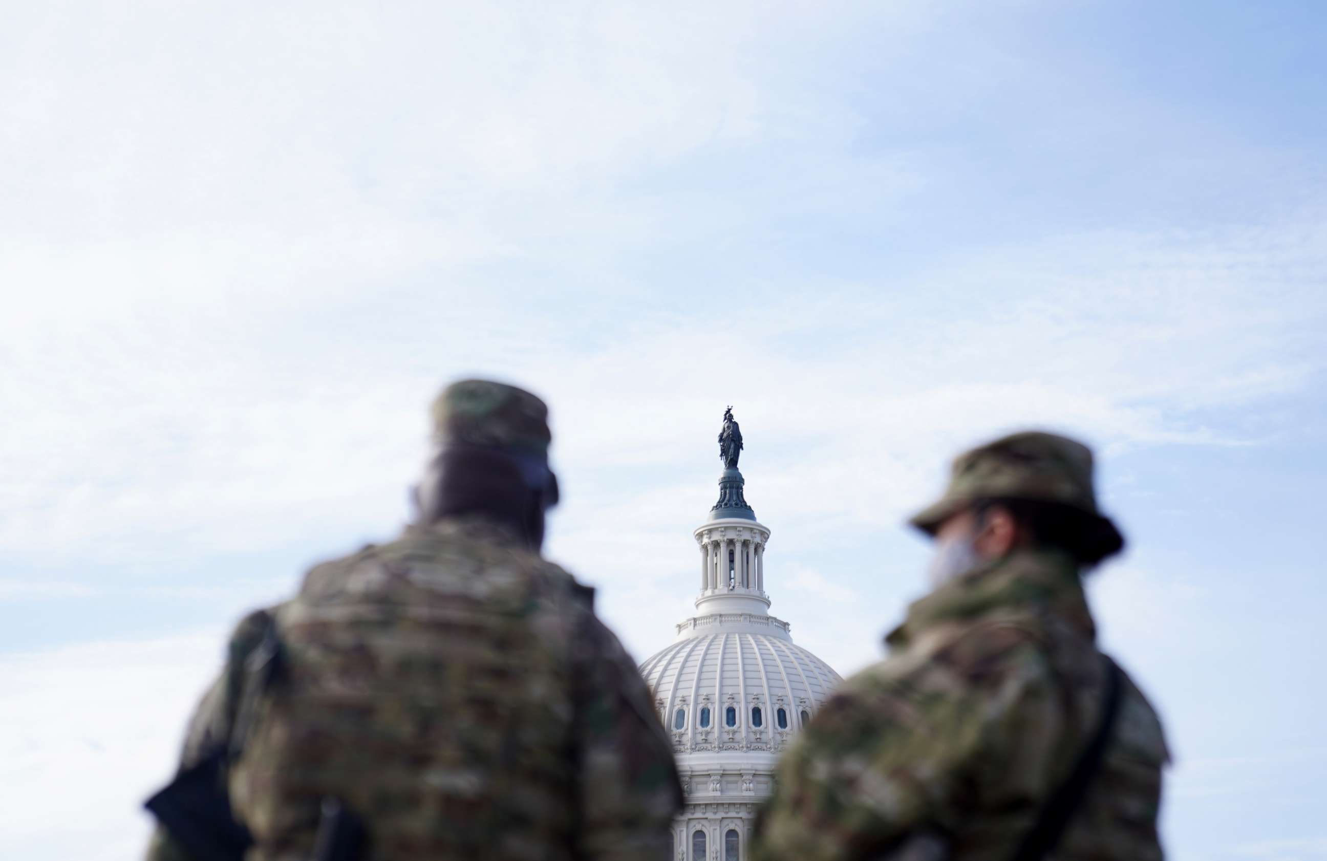 PHOTO: National Guard troops assemble outside of the U.S. Capitol, Jan. 16, 2021, in Washington, DC.