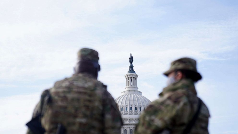 PHOTO: National Guard troops assemble outside of the U.S. Capitol, Jan. 16, 2021, in Washington, DC.