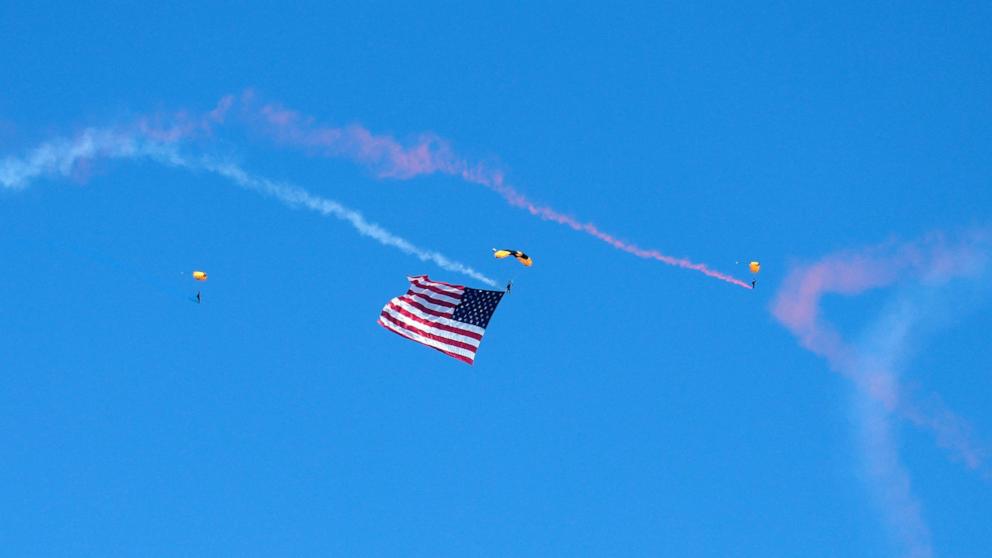 PHOTO: The U.S. Army Golden Knights perform a parachute jump as the nation celebrates America's 250th anniversary on July 3, 2026, in Washington, D.C.
