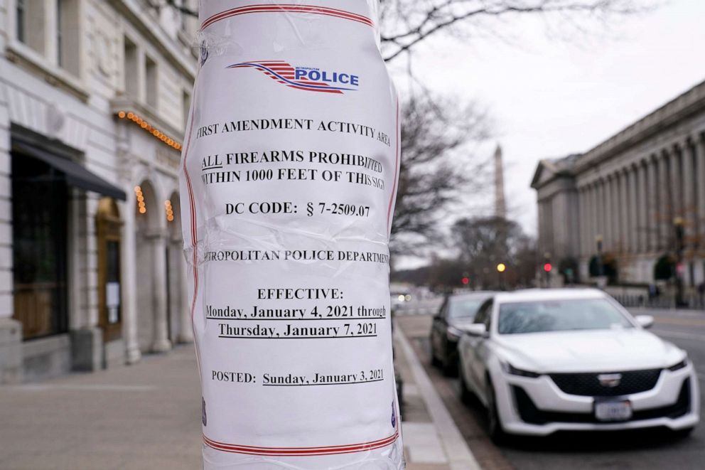 PHOTO: A sign is posted near the White House in Washington, D.C., Jan. 4, 2021, in preparation for a rally on Jan. 6, the day when Congress is scheduled to meet to formally finalize the presidential election results.