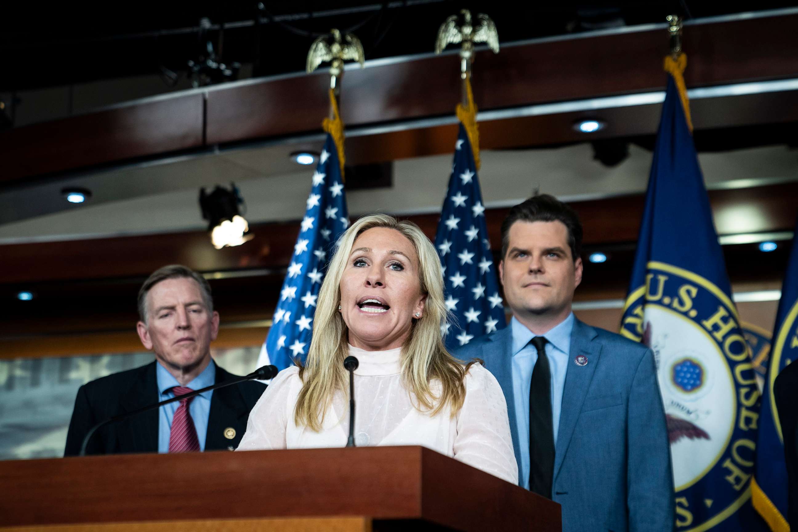 PHOTO: In this Dec. 7, 2021 file photo Rep. Marjorie Taylor Greene, joined by Rep. Paul Gosar, and Rep. Matt Gaetz, speak during a press conference on Capitol Hill in Washington, D.C.