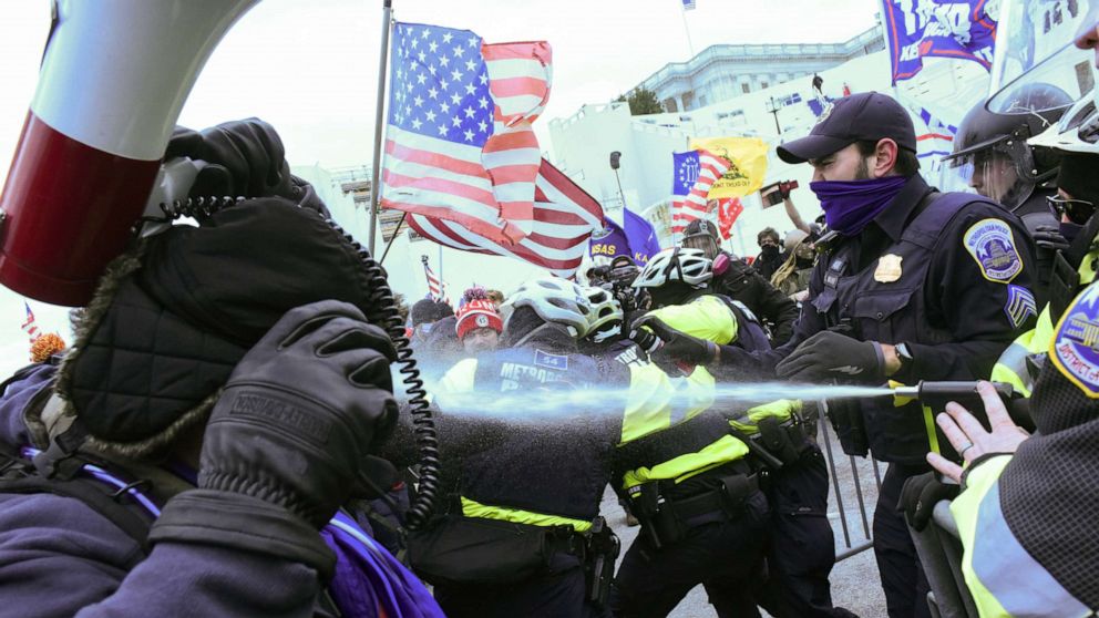 PHOTO: Supporters of President Donald Trump clash with police officers in front of the Capitol Building in Washington, D.C., Jan. 6, 2021.