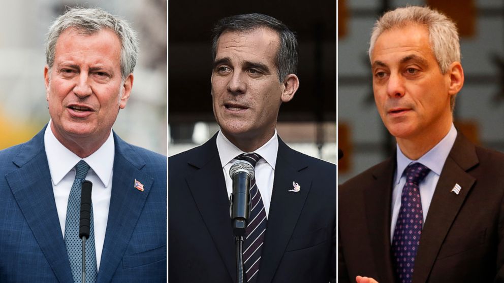 Pictured (L-R) are New York City Mayor Bill de Blasio, Los Angeles Mayor Eric Garcetti and Chicago Mayor Rahm Emanuel.