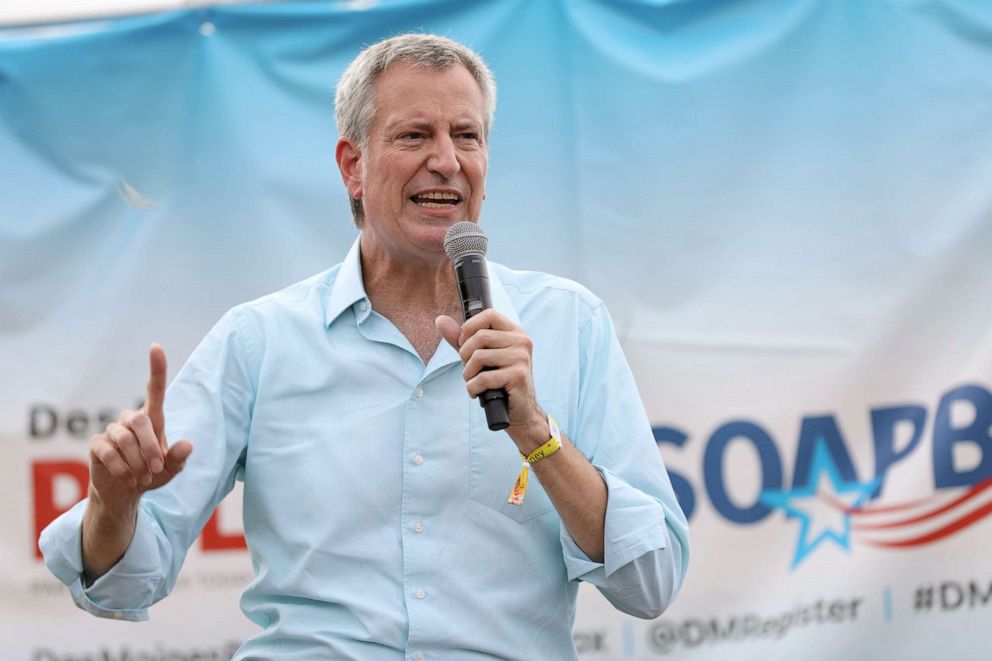 PHOTO: 2020 Democratic U.S. presidential candidate and New York City Mayor Bill de Blasio speaks at the Iowa State Fair in Des Moines, Iowa, Aug. 11, 2019. 