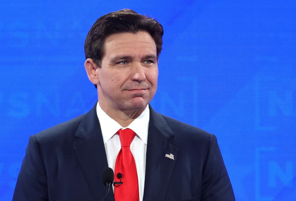 PHOTO: Republican presidential candidate Florida Gov. Ron DeSantis takes the stage for the NewsNation Republican Presidential Primary Debate at the University of Alabama Moody Music Hall on Dec. 6, 2023 in Tuscaloosa, Ala.