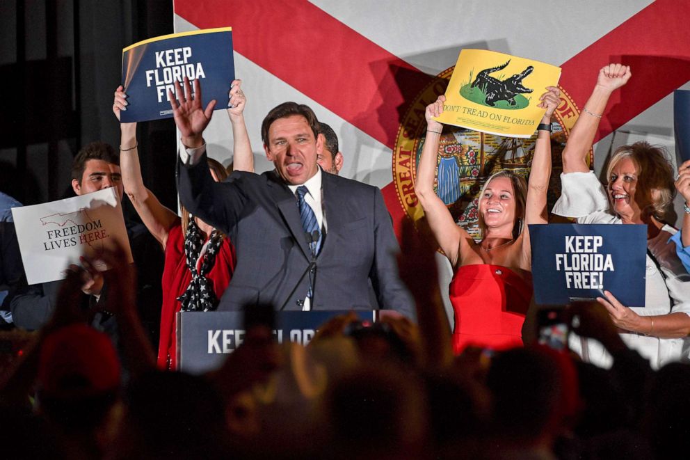 PHOTO: Republican gubernatorial incumbent Gov. Ron DeSantis, waves to supporters, Aug. 23, 2022, in Hialeah, Fla.