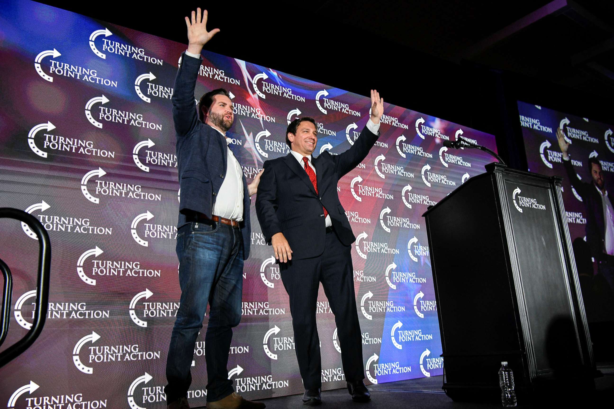 PHOTO: Florida Governor Ron DeSantis, campaigns for Republican Senate candidate J.D. Vance during an event in Youngstown, Ohio, Aug. 19, 2022.