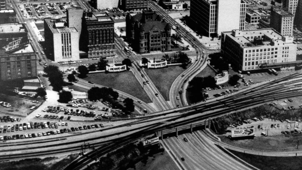 PHOTO: Aerial view of Dealey Plaza in Dallas, Texas, where President John F. Kennedy was assassinated on Nov. 22, 1963. 
