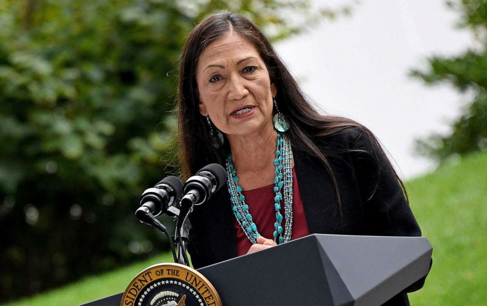 PHOTO: Interior Secretary Deb Haaland speaks during a proclamation signing ceremony restoring protections stripped by the Trump administration for national monuments, on the North Lawn of the White House on Oct. 8, 2021 in Washington, D.C.