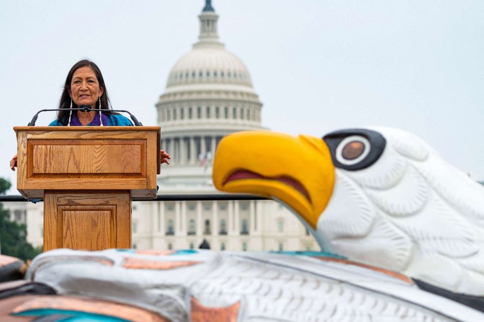 PHOTO: Secretary of the Interior Deb Haaland speaks at an event to draw attention and action to sacred sites and Indigenous rights in the U.S., in Washington, D.C., July 29, 2021.