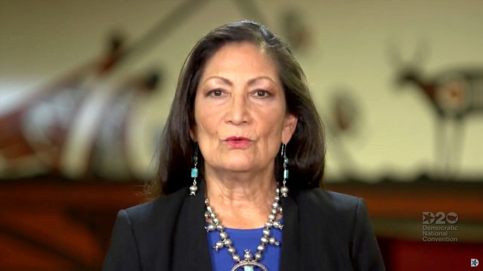 PHOTO: Rep. Deb Haaland speaks by video feed during the 4th and final night of the 2020 Democratic National Convention, Aug. 20, 2020. 2020.