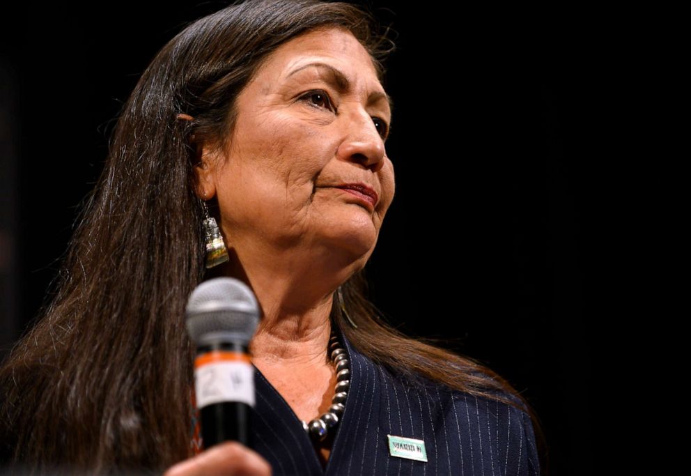 PHOTO: Rep. Deb Haaland speaks at the Frank LaMere Native American Presidential Forum on Aug. 19, 2019 in Sioux City, Iowa.