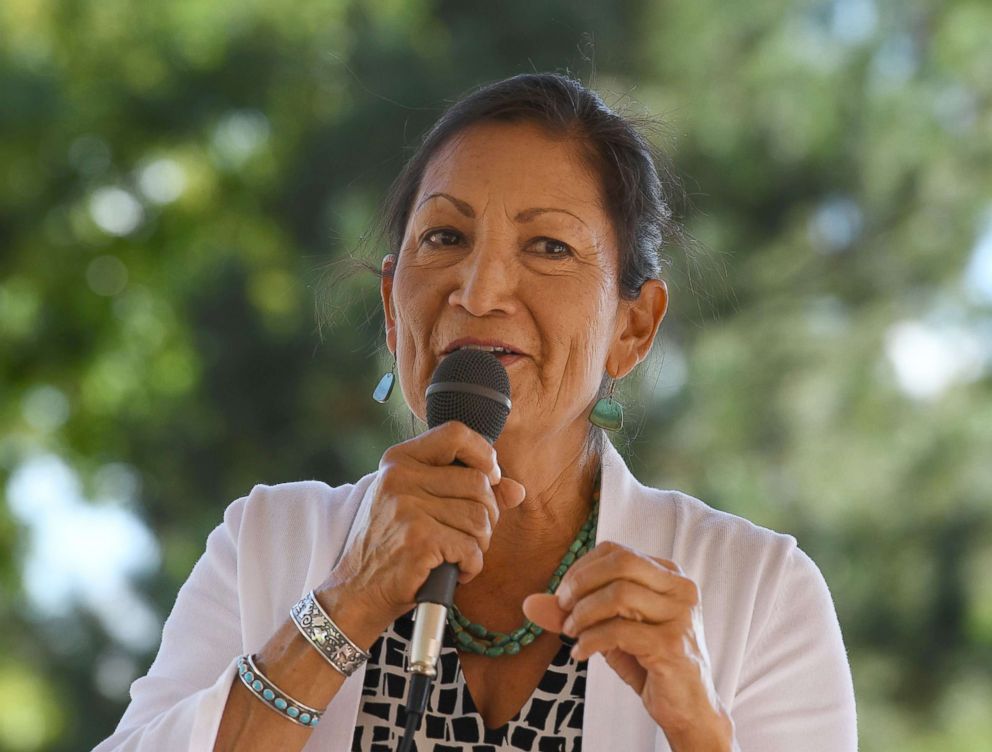 PHOTO: Native American candidate Deb Haaland who is running for Congress in New Mexico's 1st congressional district seat for the upcoming mid-term elections, speaks in Albuquerque, New Mexico, Oct. 1, 2018.