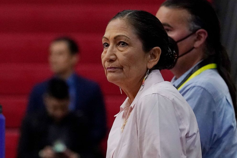 PHOTO: U.S. Secretary of the Interior Deb Haaland listens to the painful experiences of Native Americans who were sent to government-backed boarding schools designed to strip them of their cultural identities, July 9, 2022 in Anadarko, Okla.