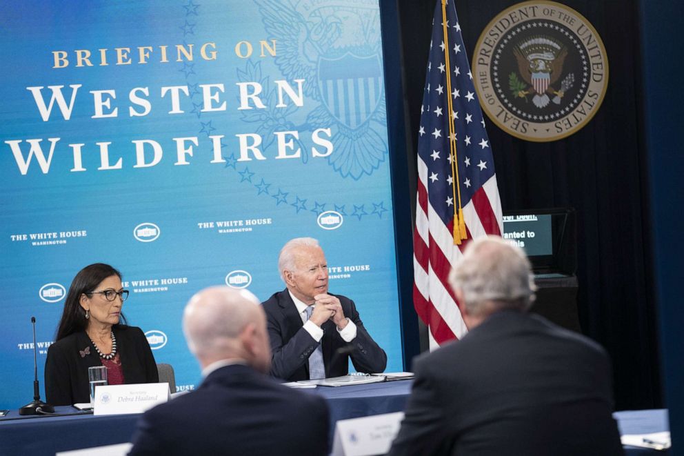 PHOTO: President Joe Biden speaks during a meeting with Interior Secretary Deb Haaland and governors about the nation's wildfires, in the Eisenhower Executive Office Building in Washington, June 30, 2021.