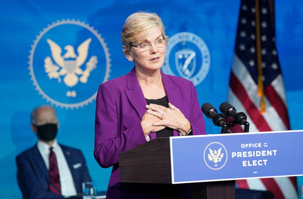 PHOTO: Former Michigan Governor Jennifer Granholm, President-elect Joe Biden's nominee for Secretary of Energy, speaks after Biden announced her nomination for his administration in Wilmington, Del., Dec. 19, 2020.