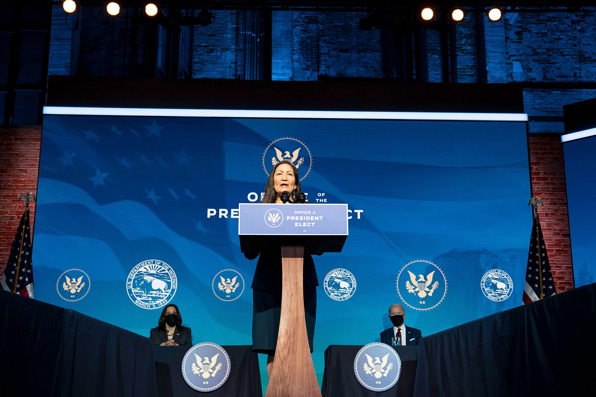 PHOTO: Rep. Deb Haaland delivers remarks after being introduced as US President-elect Joe Bidens nominee to be the next US Secretary of Interior at the Queen Theater in Wilmington, Del., Dec. 19, 2020.