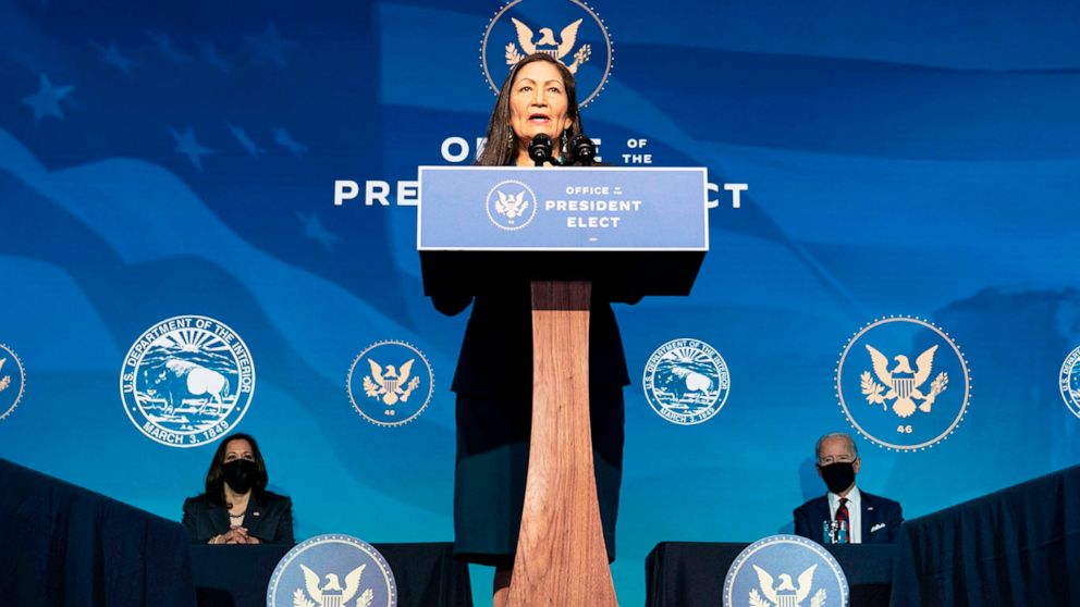 PHOTO: Rep. Deb Haaland delivers remarks after being introduced as US President-elect Joe Bidens nominee to be the next US Secretary of Interior at the Queen Theater in Wilmington, Del., Dec. 19, 2020.