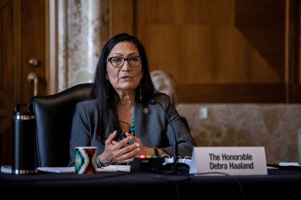 PHOTO: Rep. Deb Haaland speaks during a Senate Committee hearing on Capitol Hill in Washington, D.C, Feb. 23, 2021.