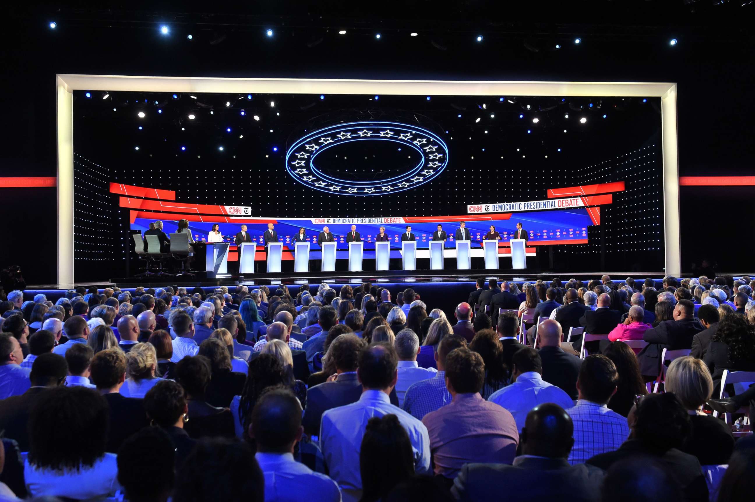 PHOTO: Democratic candidates participate of the fourth Democratic primary debate of the 2020 presidential campaign season co-hosted by The New York Times and CNN at Otterbein University in Westerville, Ohio on October 15, 2019.