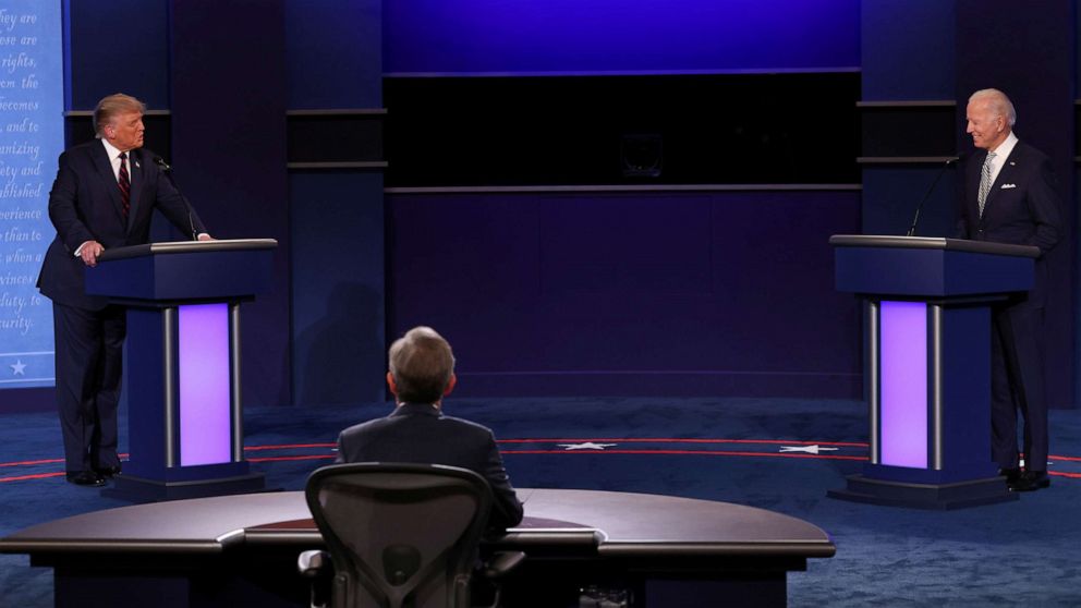 PHOTO: President Donald Trump and Democratic presidential nominee Joe Biden participate in their first 2020 presidential campaign debate held on the campus of the Cleveland Clinic at Case Western Reserve University in Cleveland, Sept. 29, 2020.