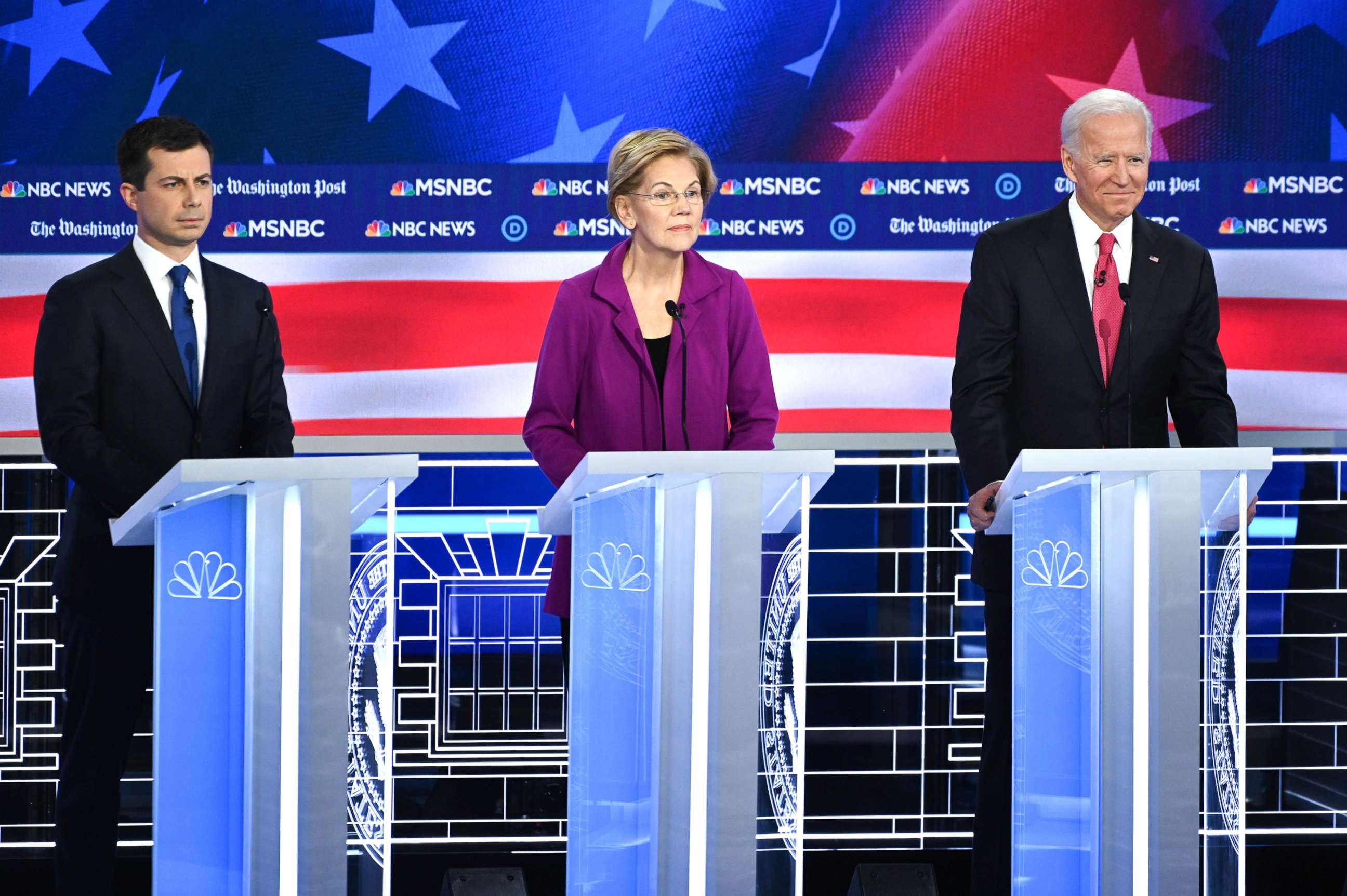 PHOTO: Democratic presidential hopefuls Mayor of South Bend, Indiana, Pete Buttigieg, Massachusetts Senator Elizabeth Warren and Former Vice President Joe Biden speak during the fifth Democratic primary debate of the 2020 presidential campaign season.