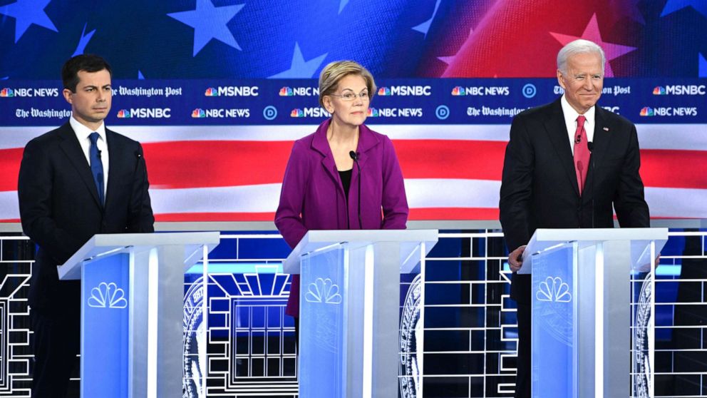 PHOTO: Democratic presidential hopefuls Mayor of South Bend, Indiana, Pete Buttigieg, Massachusetts Senator Elizabeth Warren and Former Vice President Joe Biden speak during the fifth Democratic primary debate of the 2020 presidential campaign season.