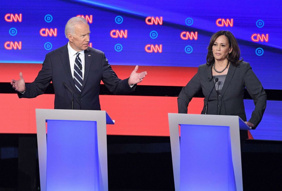 PHOTO: Democratic presidential hopefuls former Vice President Joe Biden and Sen. Kamala Harris speak during the second round of the second Democratic primary debate in Detroit, July 31, 2019. 