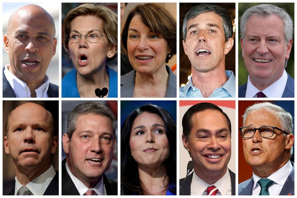 PHOTO: The line up of U.S. Democratic presidential candidates who will participate in the party's first of two nights of debate in Miami on June 26, 2019.