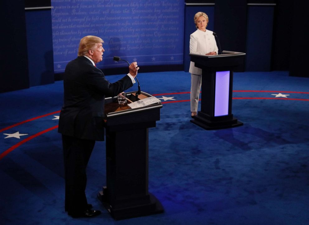 PHOTO:Republican nominee Donald Trump speaks as Democratic nominee Hillary Clinton looks on during the final presidential debate in Las Vegas, Oct. 19, 2016.