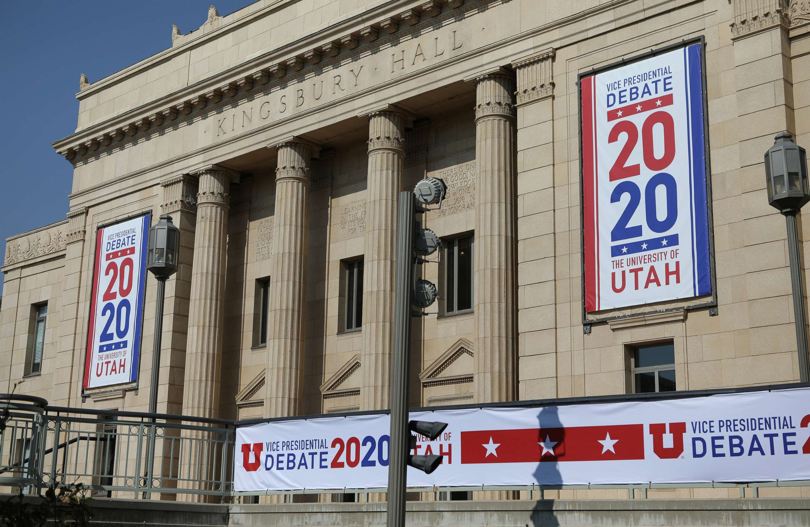 PHOTO: Banners hang on Kingsbury Hall, a day ahead of the vice presidential debate between Vice President Mike Pence and Senator Kamala Harris, on the campus of the University of Utah in Salt Lake City, Oct. 6, 2020.