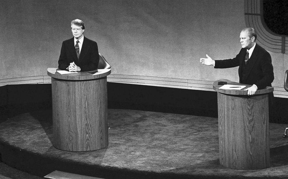 PHOTO: Jimmy Carter and Gerald Ford take part in the first televised debate between candidates for the President of the United States during the 1976 election.