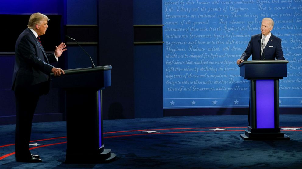 PHOTO: President Donald Trump and Democratic presidential nominee Joe Biden participate in their first 2020 presidential campaign debate held on the campus of the Cleveland Clinic at Case Western Reserve University in Cleveland, Sept, 29, 2020. 