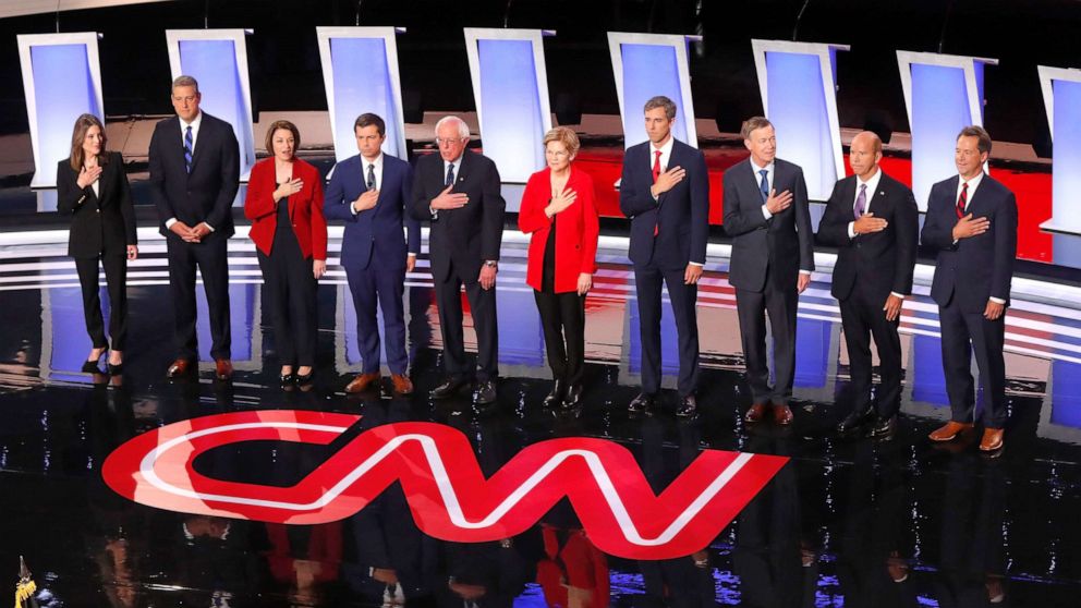 PHOTO: Democratic presidential candidates take the stage for the first of two primary debates hosted, July 30, 2019, at the Fox Theatre in Detroit. 