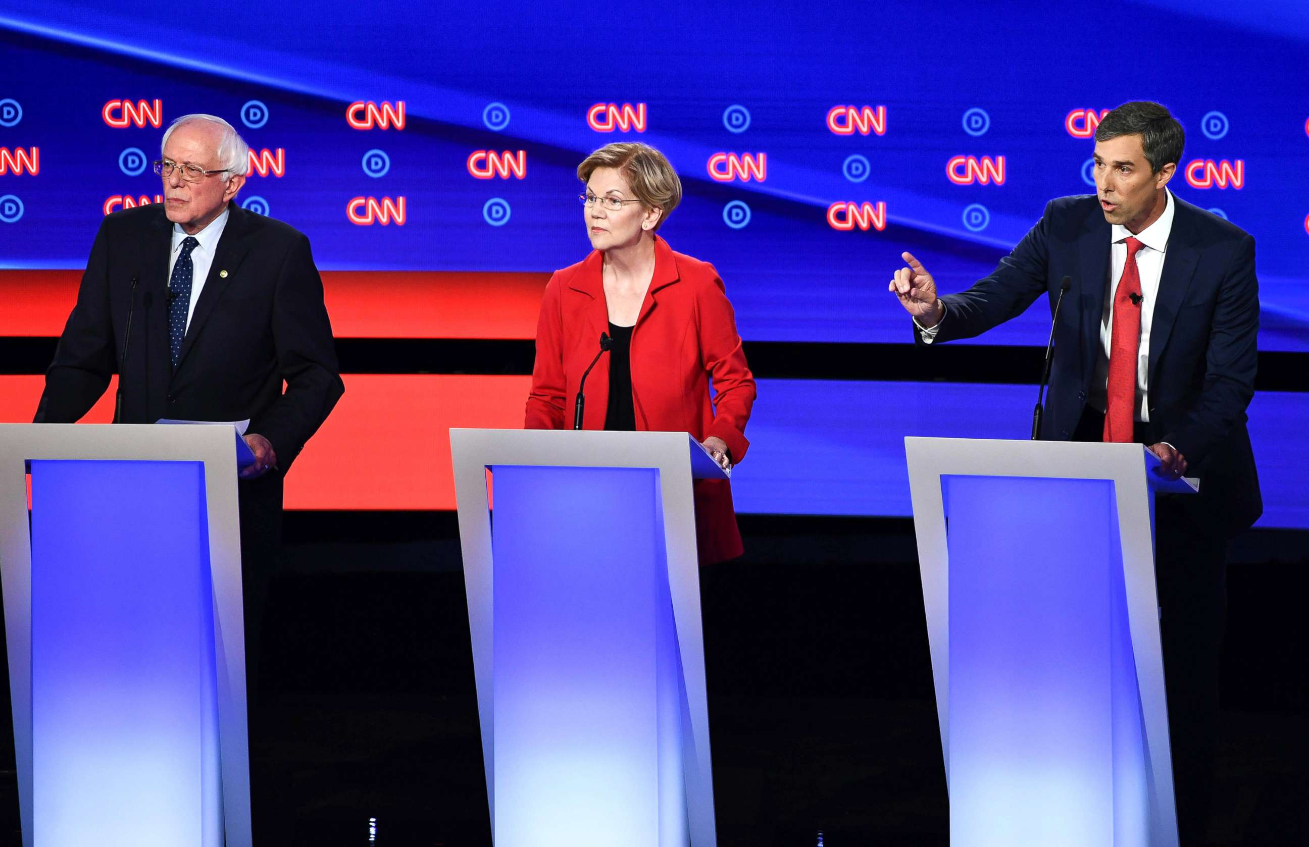 PHOTO: Democratic presidential hopefuls Sen. Bernie Sanders, Sen. Elizabeth Warren and former Rep. Beto O'Rourke participate in the first round of the second Democratic primary debate in Detroit, July 30, 2019. 