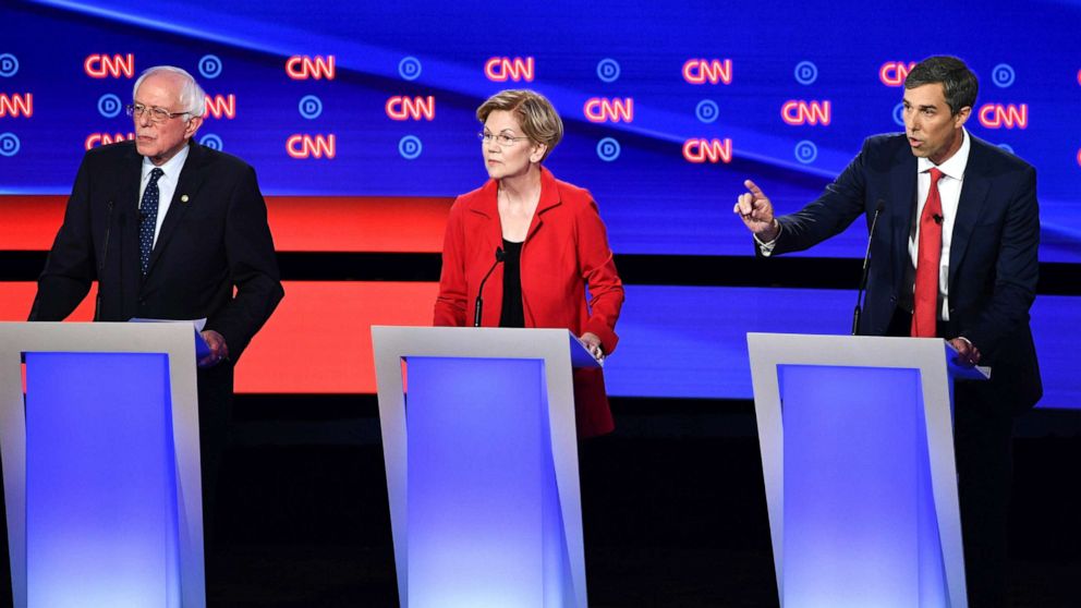PHOTO: Democratic presidential hopefuls Sen. Bernie Sanders, Sen. Elizabeth Warren and former Rep. Beto O'Rourke participate in the first round of the second Democratic primary debate in Detroit, July 30, 2019. 