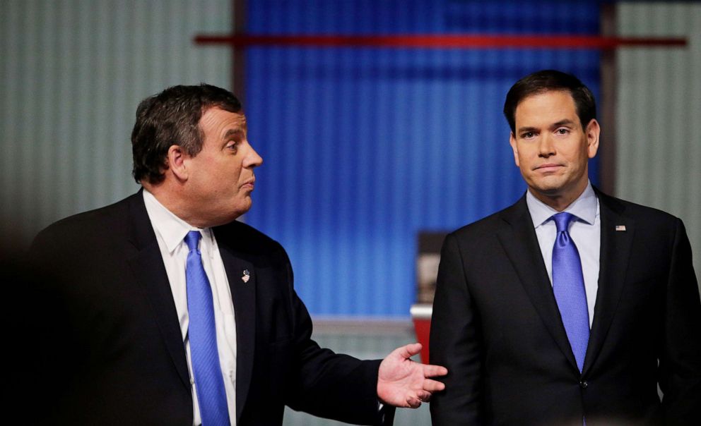 PHOTO: Republican presidential candidate, Gov. Chris Christie, speaks with Republican presidential candidate, Sen. Marco Rubio, during the Republican presidential debate at the North Charleston Coliseum, Jan. 14, 2016, in North Charleston, S.C.