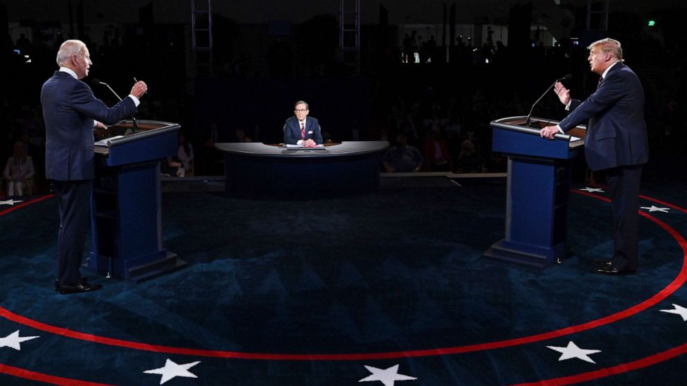 PHOTO: President Donald Trump and Democratic presidential candidate former Vice President Joe Biden participate in the first presidential debate, Sept. 29, 2020, in Cleveland.