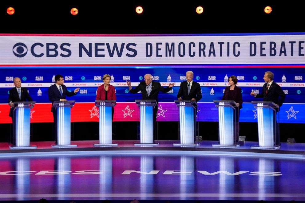 PHOTO: Democratic presidential hopefuls participate in the tenth Democratic primary debate at the Gaillard Center in Charleston, South Carolina, Feb. 25, 2020.