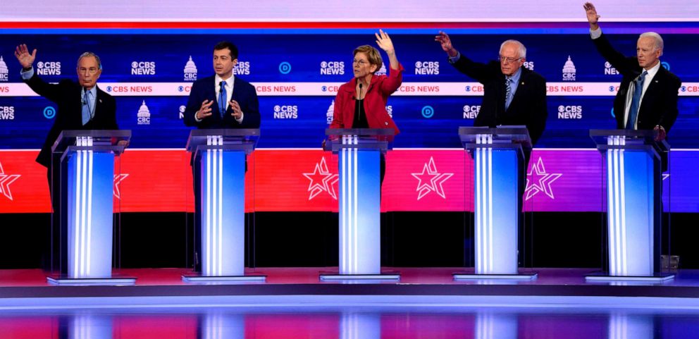 PHOTO: Democratic presidential hopefuls participate in the tenth Democratic primary debate at the Gaillard Center in Charleston, South Carolina, Feb. 25, 2020.