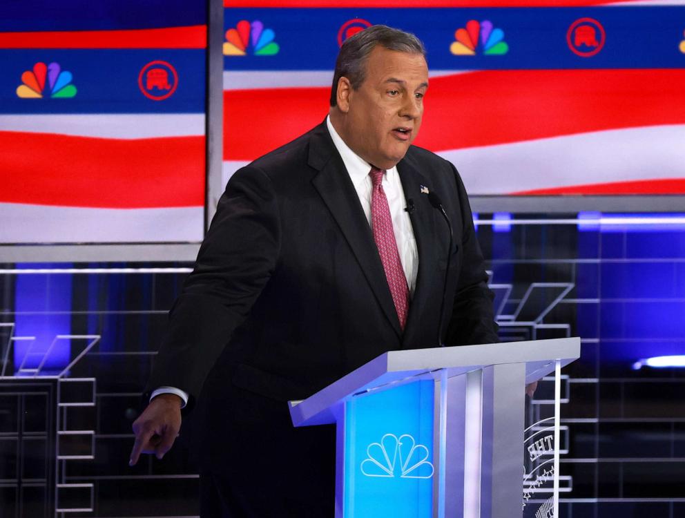 PHOTO: Republican presidential candidate former New Jersey Gov. Chris Christie speaks during the NBC News Republican Presidential Primary Debate at the Adrienne Arsht Center for the Performing Arts of Miami-Dade County on Nov. 8, 2023, in Miami, Fla.