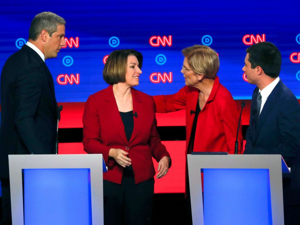 PHOTO:Rep. Tim Ryan, D-Ohio, Sen. Amy Klobuchar, D-Minn., Sen. Elizabeth Warren, D-Mass., and South Bend Mayor Pete Buttigieg talk after the first of two Democratic presidential primary debates, July 30, 2019, in Detroit.