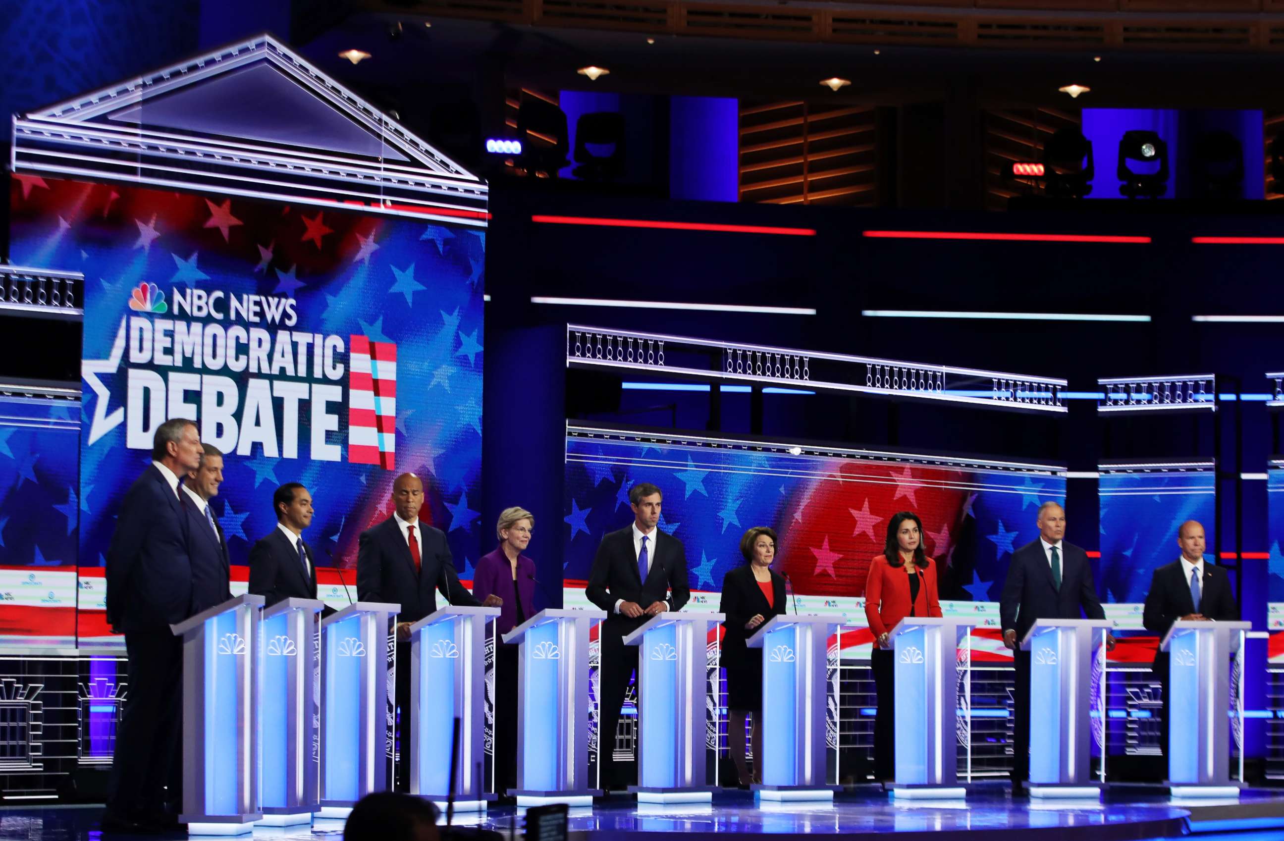 PHOTO: 2020 democratic presidential candidates participate in the first Democratic primary debate hosted by NBC News at the Adrienne Arsht Center for the Performing Arts in Miami, Florida, June 26, 2019.