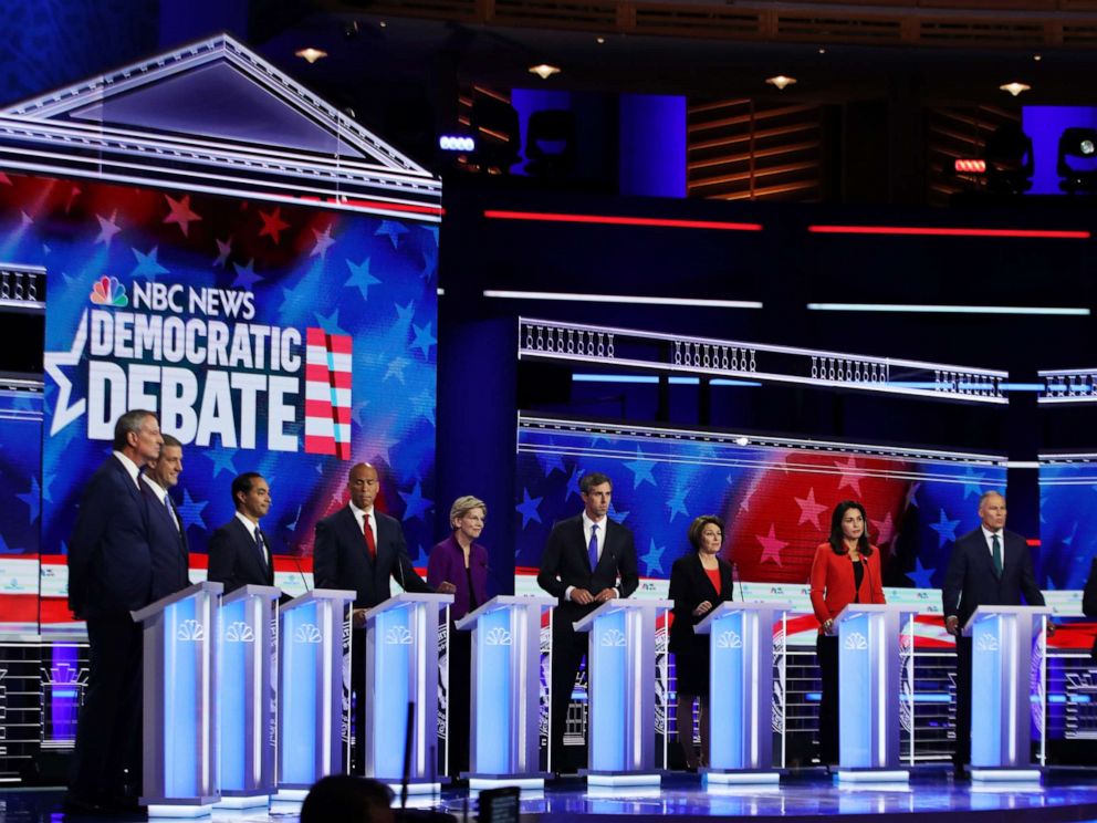 PHOTO: 2020 democratic presidential candidates participate in the first Democratic primary debate hosted by NBC News at the Adrienne Arsht Center for the Performing Arts in Miami, Florida, June 26, 2019.