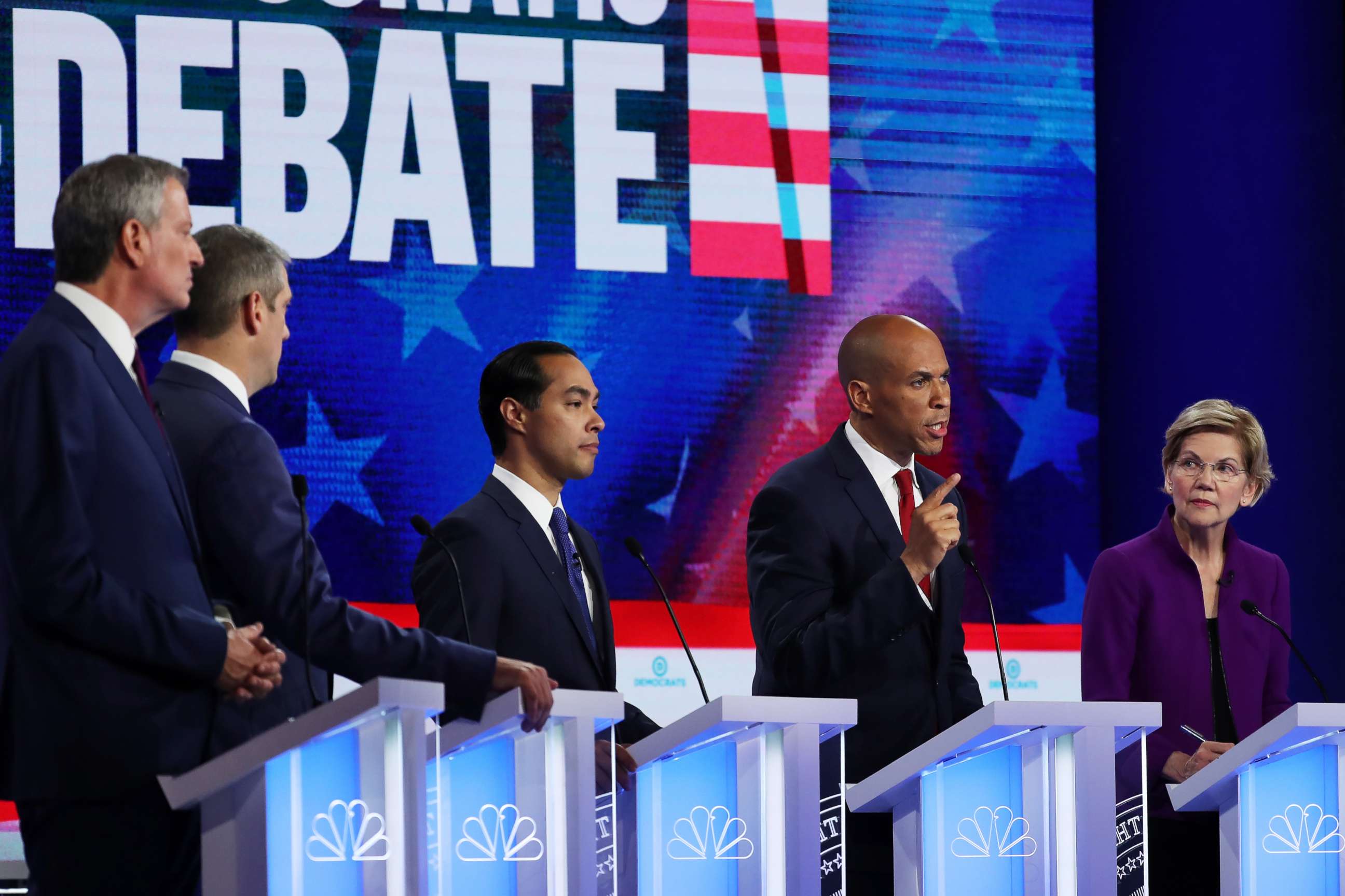 PHOTO: 2020 democratic presidential candidates participate in the first Democratic primary debate hosted by NBC News at the Adrienne Arsht Center for the Performing Arts in Miami, Florida, June 26, 2019.