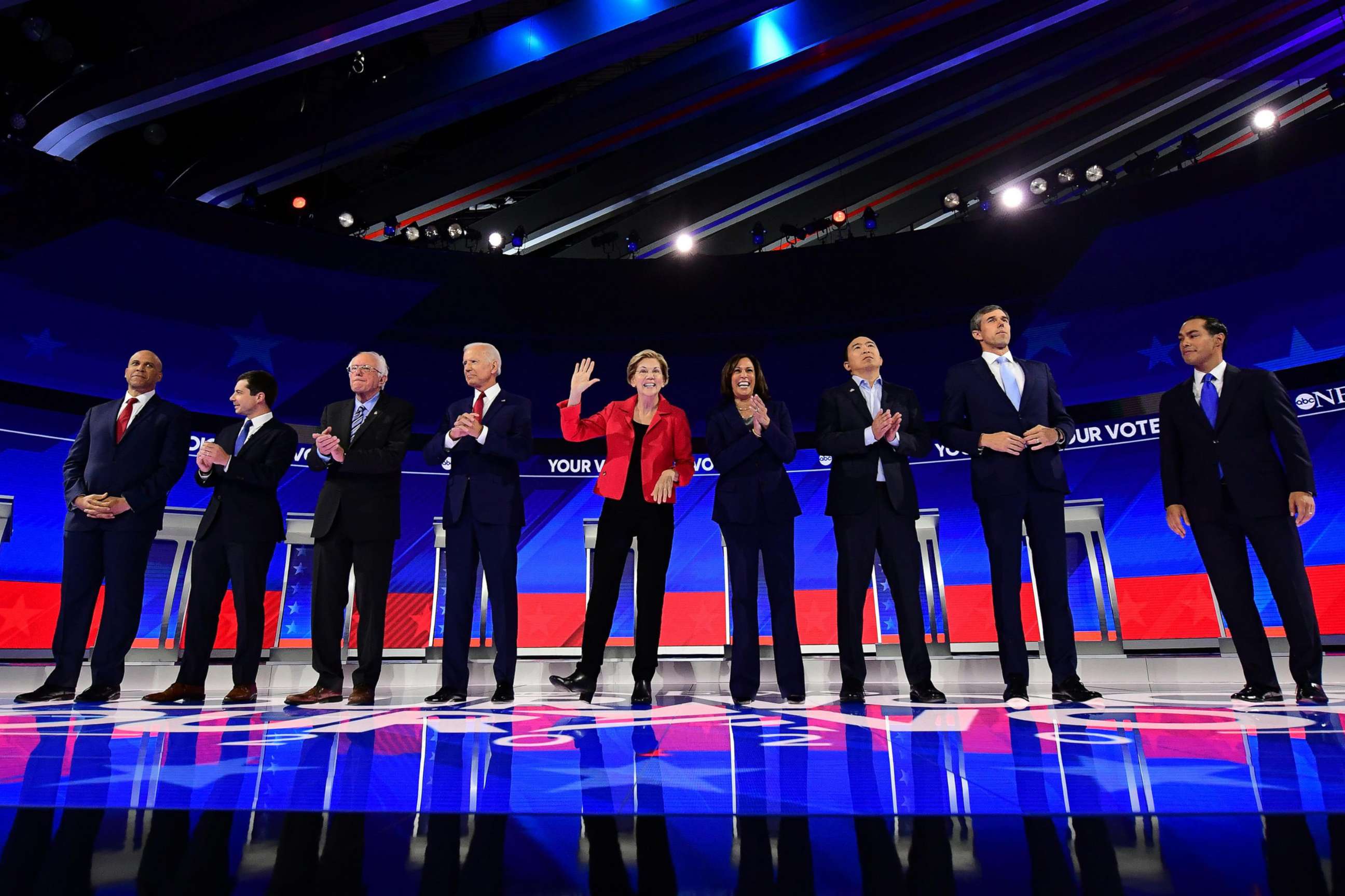 PHOTO: Democratic presidential hopefuls stand onstage ahead of the third Democratic primary debate of the 2020 presidential campaign season hosted by ABC News in partnership with Univision at Texas Southern University in Houston on Sept. 12, 2019. 