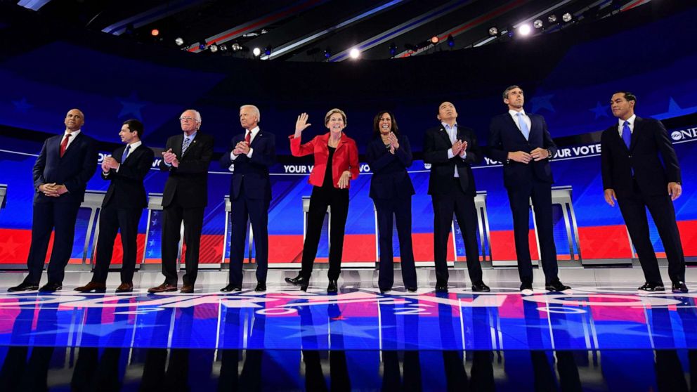 PHOTO: Democratic presidential hopefuls stand onstage ahead of the third Democratic primary debate of the 2020 presidential campaign season hosted by ABC News in partnership with Univision at Texas Southern University in Houston on Sept. 12, 2019. 